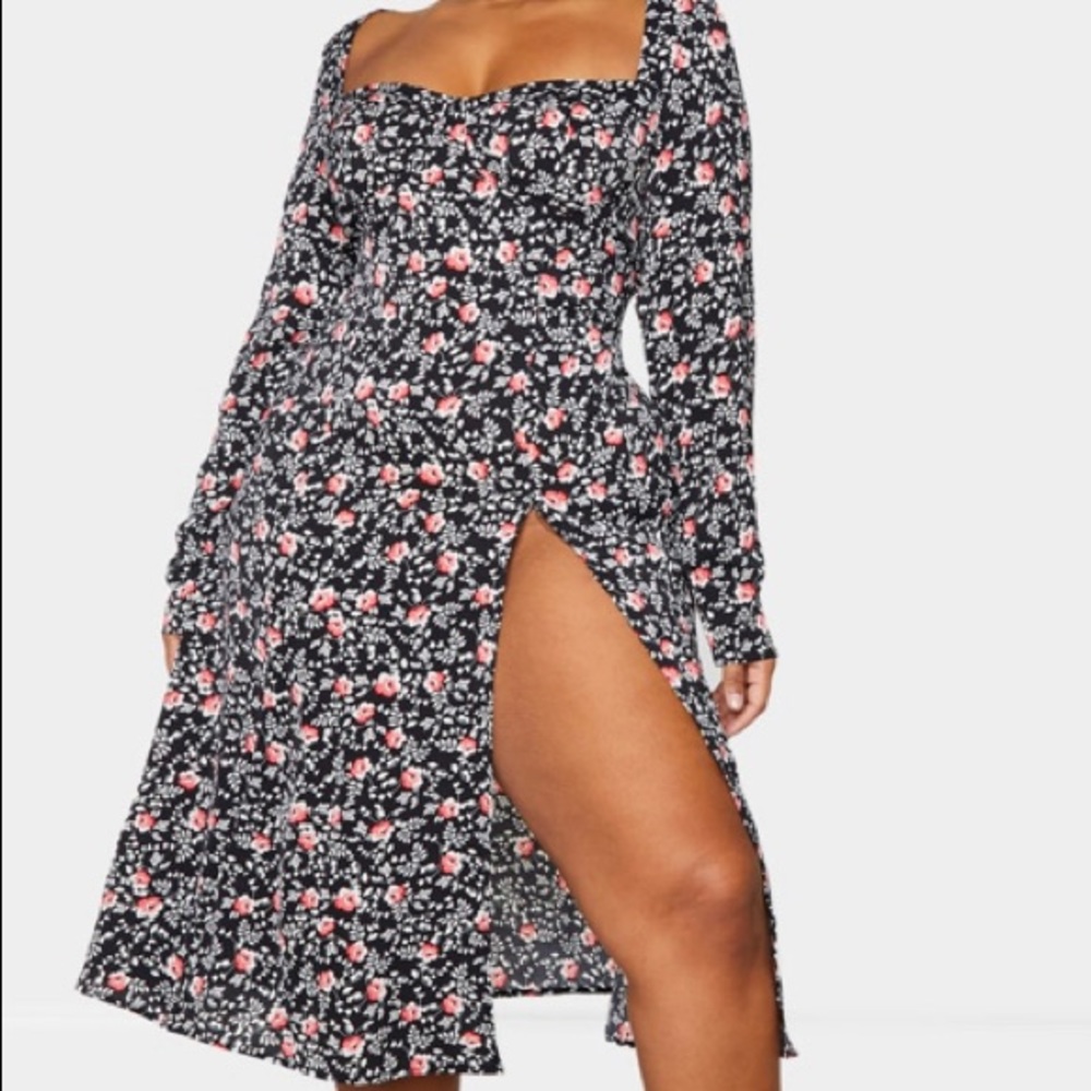 Plus black floral cupped dress